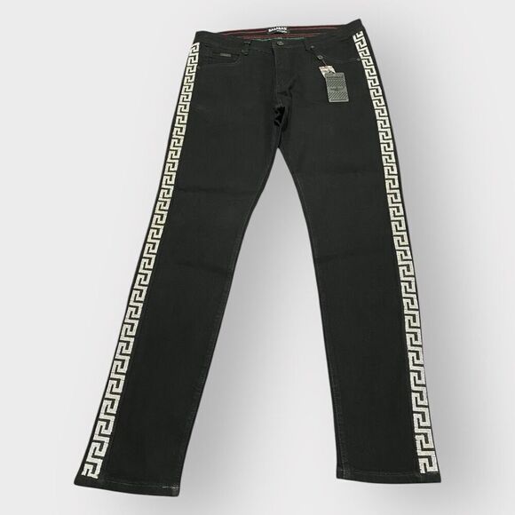 BARABAS Rhinestone Greek Key Pattern Black/Silver Denim Jeans SN8852 Mens 36x32 - Picture 1 of 12